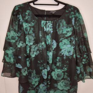Roz & Ali Black Green Floral Sheer Tiered Long Sleeve Pleated Blouse - Size M